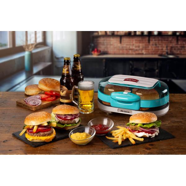 ARIETE HAMBURGER MAKER (CELESTE) (PARTY TIME) (0205/01) - GRIGLIA ELETTRICA DA TAVOLO - DOPPIA PIASTRA - 1200W