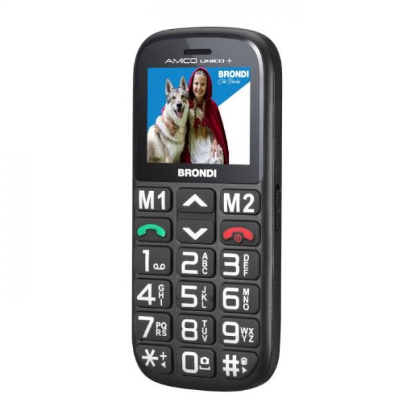 BRONDI AMICO UNICO+ (NERO) + BASE - TELEFONO CELLULARE PER ANZIANI - TASTO SOS - TORCIA - CONTROLLO REMOTO - ANNUNCIO VOCALE