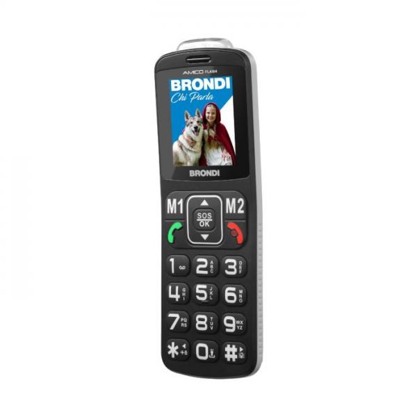BRONDI AMICO FLASH (NERO) - TELEFONO CELLULARE PER ANZIANI - TASTO SOS - TORCIA - CONTROLLO REMOTO - FOTOCAMERA - BASE DI RICARICA