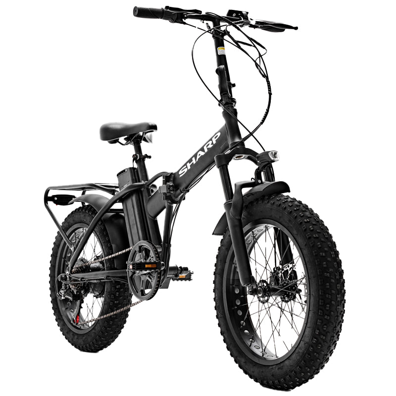 SHARP BASEL (BK-FM02E-B) FOLDABLE FAT E-BIKE (BLACK) - BICICLETTA ELETTRICA - RUOTE 20""X4"" - MOTORE 250W 36V - BATTERIA 36V 13AH CERTIFICATA - TELAIO IN ALLUMINIO - AUTONOMIA FINO AD 50KM - FORCELLA AMMORTIZZATA