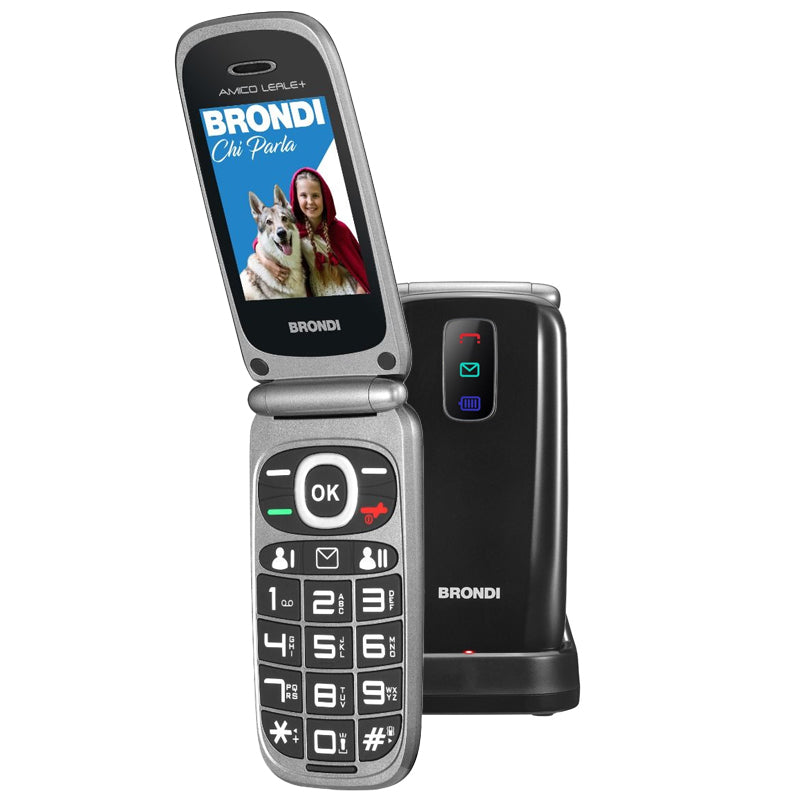 BRONDI AMICO LEALE+ (NERO) - TELEFONO CELLULARE PER ANZIANI - TASTO SOS - CONTROLLO REMOTO - ANNUNCIO VOCALE