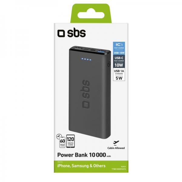 SBS Power bank 10.000 mAh extra slim con porta USB 2.1A Intelligent Charge (IC) - (SBS TTBB10000FASTK batteria portatile Polimeri di litio (LiPo) 10000 mAh Nero)