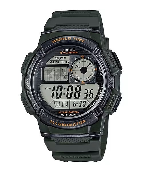 CASIO SPORT Mod. DIVER - WORLD TIME ILLUMINATOR 5 ALARMS. 10 YEARS BATTERY - ARMY GREEN