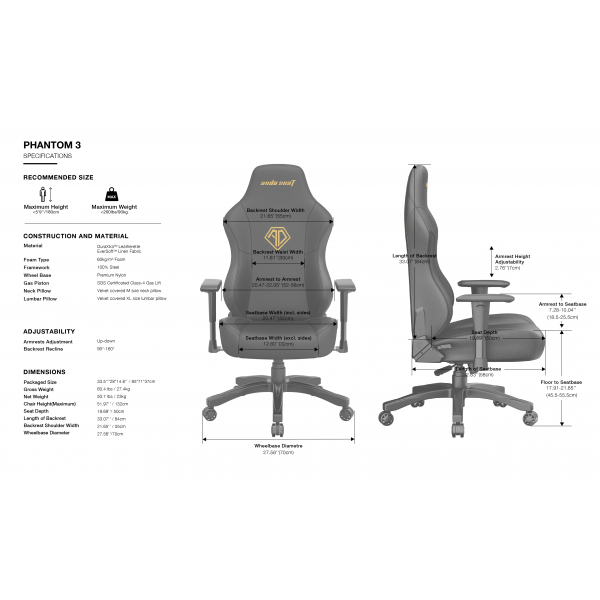 ANDASEAT PHANTOM 3 SEDIA GAMING TAGLIA L IN TESSUTO GRIGIO