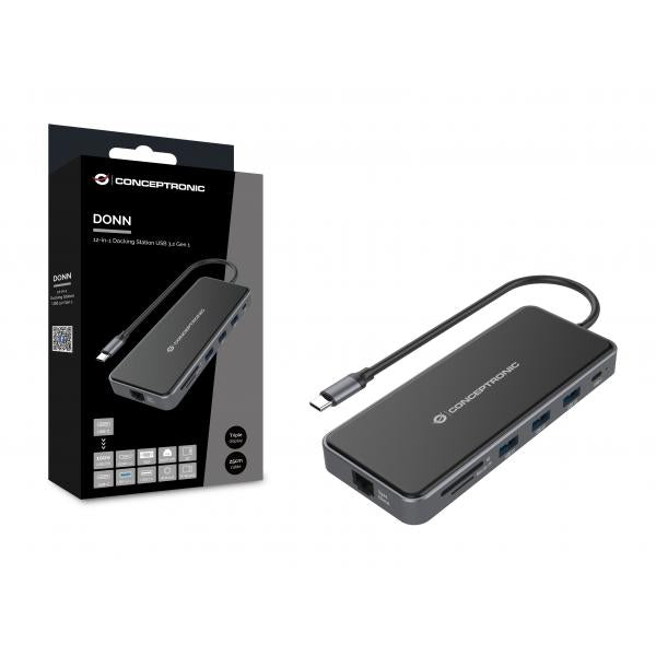 CONCEPTRONIC DONN15G - DOCKING STATION 12-IN-1 USB-C (M) 3.2 / HDMI, VGA, USB-C DATA, USB 3.0, USB 2.0, SD, TF/MICROSD, AUDIO, GBE, 100W USB PD
