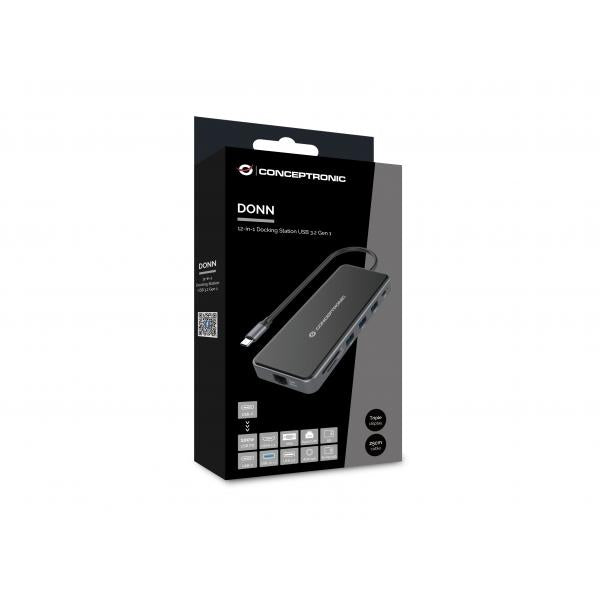 CONCEPTRONIC DONN15G - DOCKING STATION 12-IN-1 USB-C (M) 3.2 / HDMI, VGA, USB-C DATA, USB 3.0, USB 2.0, SD, TF/MICROSD, AUDIO, GBE, 100W USB PD