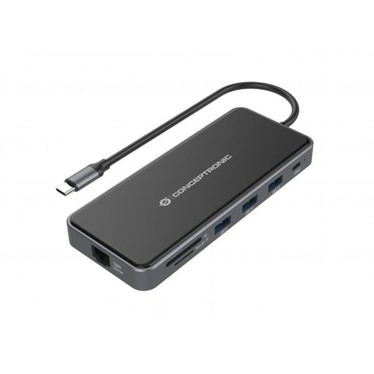 CONCEPTRONIC DONN15G - DOCKING STATION 12-IN-1 USB-C (M) 3.2 / HDMI, VGA, USB-C DATA, USB 3.0, USB 2.0, SD, TF/MICROSD, AUDIO, GBE, 100W USB PD