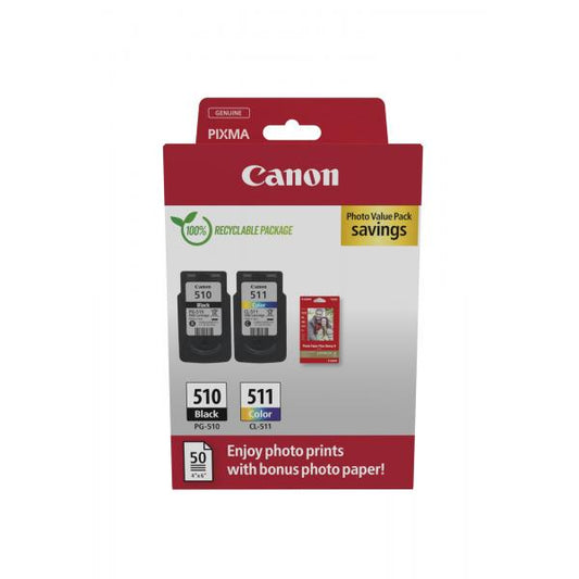 CARTUCCIA ORIGINALE CANON PG-510 + CL-511 + 50 FOGLI CARTA FOTOGRAFICA 2970B017