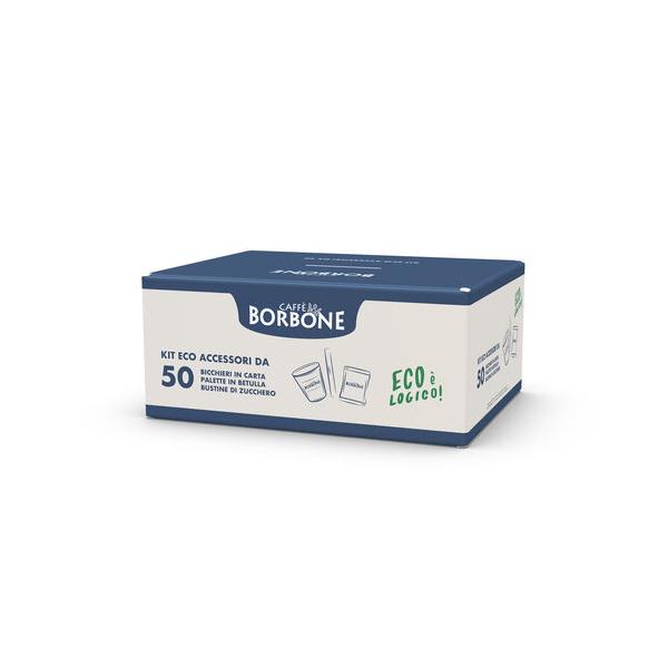 CAFFE'' BORBONE KIT ECO ACCESSORI 50x BICCHIERINI CARTA + 50x PALETTE BETULLA + 50x ZUCCHERO