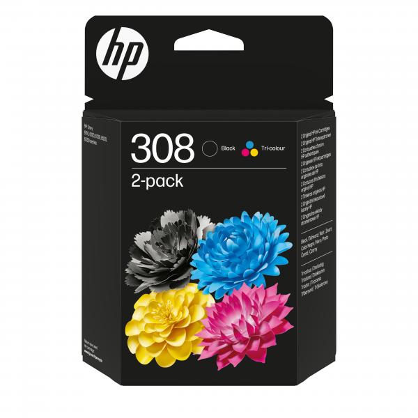 HP 308 2-Pack Tri-color/Black Original Ink Cartridge Combo cartuccia d'inchiostro 2 pz Originale Resa standard Nero, Ciano, Magenta, Giallo