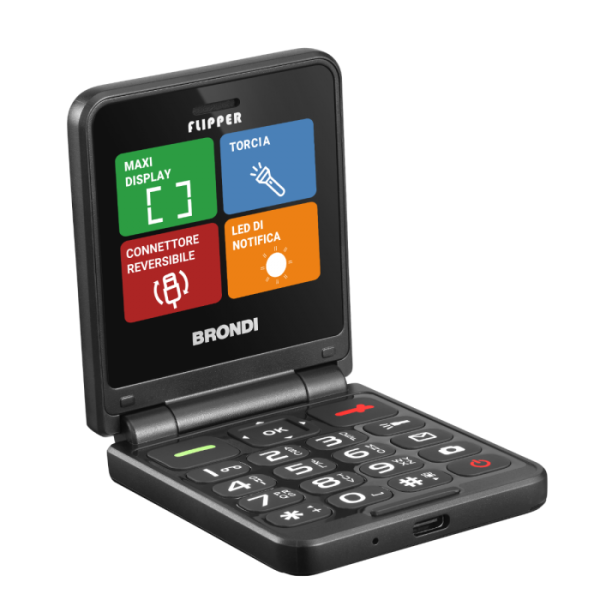 BRONDI FLIPPER (NERO) - TELEFONO CELLULARE PER ANZIANI - TORCIA - FOTOCAMERA