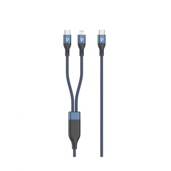 VULTECH CS-NCCL12BL - CAVO SMARTPHONE IN NYLON TYPE-C TO 2 TYPE-C E LIGHTNING 1,2M 5.0A 100W - BLU