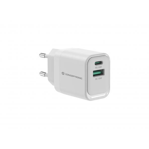 CONCEPTRONIC ALTHEA19W33 - CHARGER 2-PORT 33W GAN USB-C X 1, USB-A X 1, QC 3.0, PPS, PD 3.0, WHITE