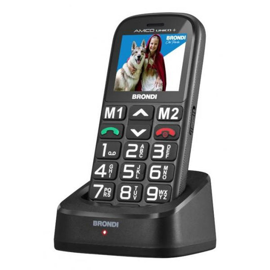 BRONDI AMICO UNICO+ (NERO) + BASE - TELEFONO CELLULARE PER ANZIANI - TASTO SOS - TORCIA - CONTROLLO REMOTO - ANNUNCIO VOCALE