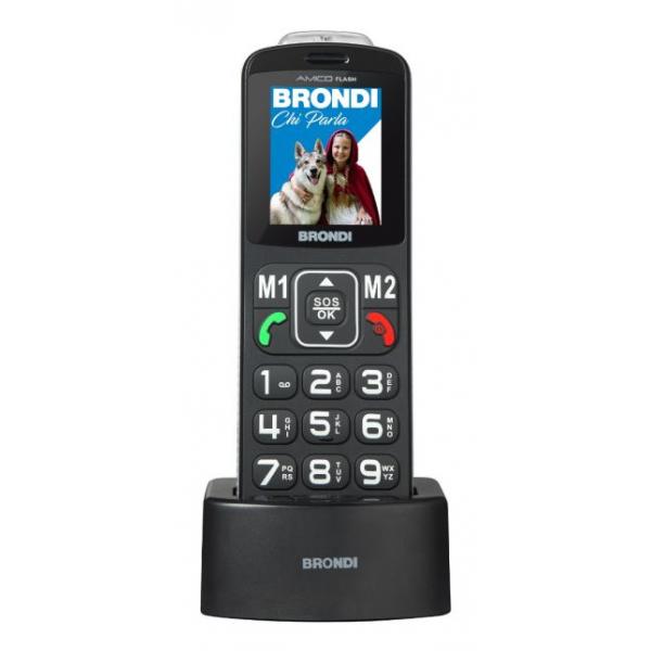 BRONDI AMICO FLASH (NERO) - TELEFONO CELLULARE PER ANZIANI - TASTO SOS - TORCIA - CONTROLLO REMOTO - FOTOCAMERA - BASE DI RICARICA