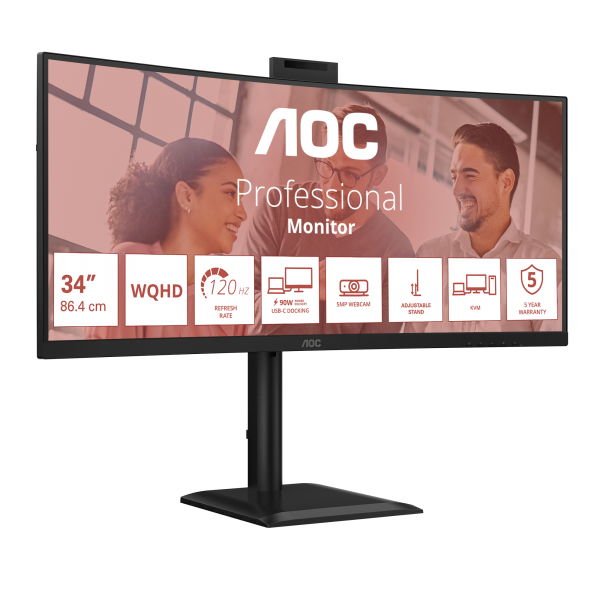 AOC CU34E4CW - MONITOR 34"" IPS WQHD CURVO 120HZ - WEBCAM 5MP - HDMI - DP - USB - W3Y
