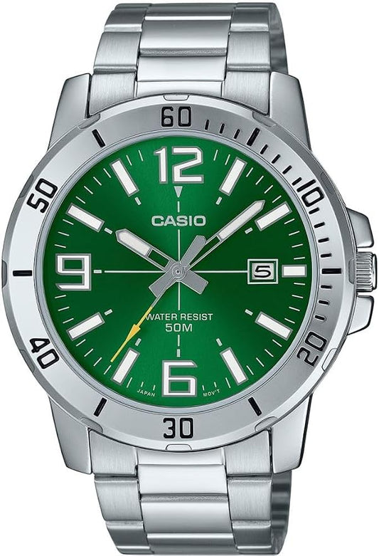 Casio Enticer MTP-VD01D-3BV - Orologio da polso da uomo, sportivo, analogico, in acciaio inox, colore: verde
