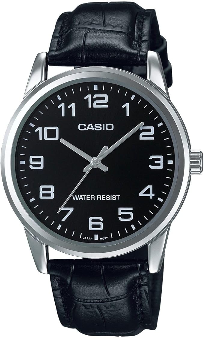 Casio Orologio da polso da uomo al quarzo classico cinturino in pelle nero cassa in ottone display analogico nero - MTP-V001L-1B