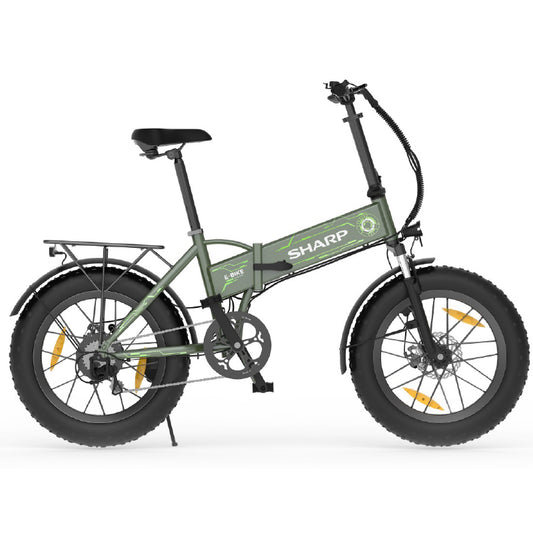 SHARP BILBAO (BK-FS08E-GG) FOLDABLE FAT E-BIKE (GREEN) - BICICLETTA ELETTRICA - RUOTE 20""X4"" - MOTORE 250W 36V - BATTERIA 36V 10AH CERTIFICATA - TELAIO IN ALLUMINIO - AUTONOMIA FINO AD 80KM - FORCELLA AMMORTIZZATA