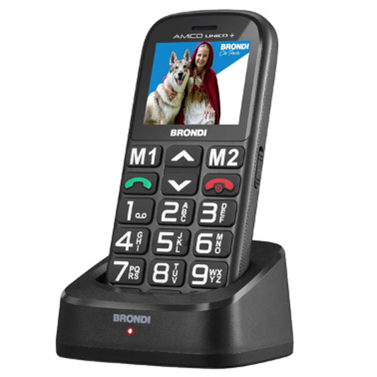 BRONDI AMICO UNICO+ (NERO) + BASE - TELEFONO CELLULARE PER ANZIANI - TASTO SOS - TORCIA - CONTROLLO REMOTO - ANNUNCIO VOCALE