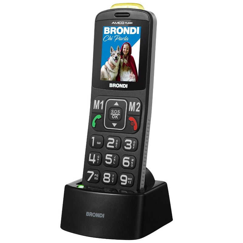 BRONDI AMICO FLASH (NERO) - TELEFONO CELLULARE PER ANZIANI - TASTO SOS - TORCIA - CONTROLLO REMOTO - FOTOCAMERA - BASE DI RICARICA