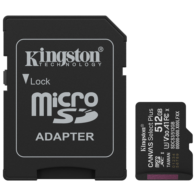 KINGSTON CANVAS SELECT PLUS 512GB (SDCS3/512GB) - MICRO SD 512GB + ADATTATORE SD