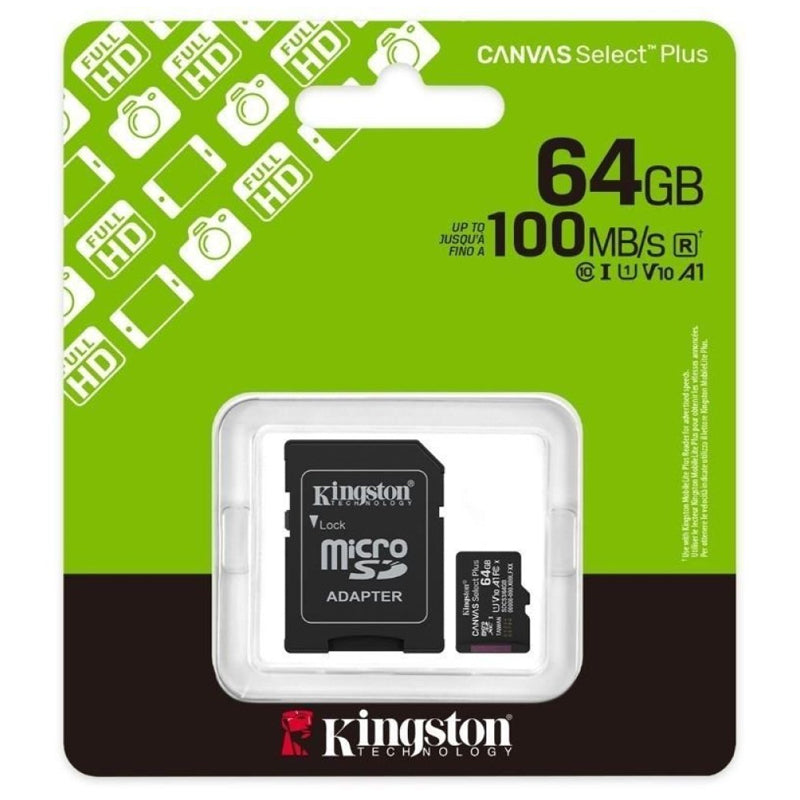 KINGSTON CANVAS SELECT PLUS 64GB (SDCS3/64GB) - MICRO SD 64GB + ADATTATORE SD