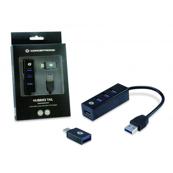 CONCEPTRONIC HUBBIES04B - HUB USB-A 4-PT USB-A 3.0 (ADATT. USB-C INCLUSO)