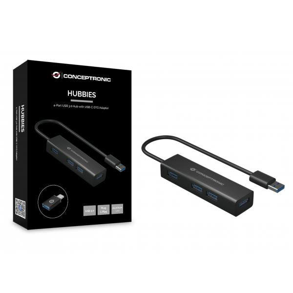 CONCEPTRONIC HUBBIES06B - HUB USB-A 4-PT USB 3.0 - ALLUMINIO (ADATT. USB-C INCLUSO)