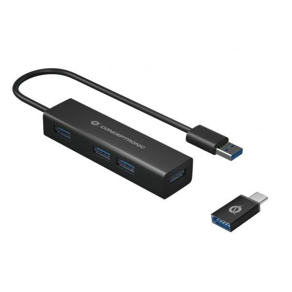 CONCEPTRONIC HUBBIES06B - HUB USB-A 4-PT USB 3.0 - ALLUMINIO (ADATT. USB-C INCLUSO)