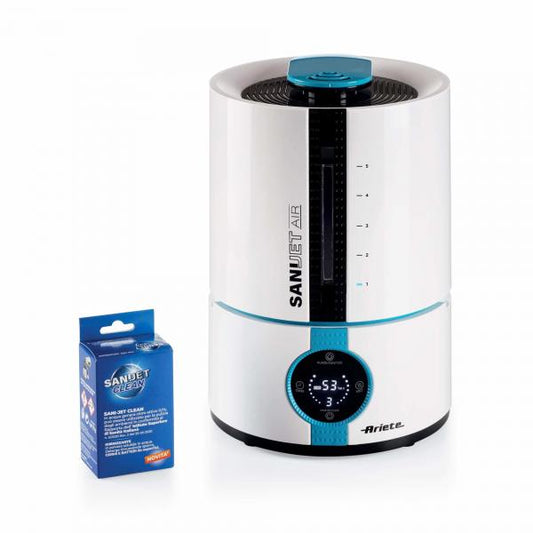 Ariete 2836 Sani-Jet Air, Umidificatore a ultrasuoni con funzione igienizzante, 30 Watt, Capacità Serbatoio 5L, 3 livelli di intensità, Display LED, Bianco/azzurro - (Ariete 2836/P0 90 m 30 W Blu, Bianco)