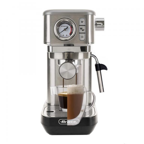 ARIETE METAL CON MANOMETRO (1381/10) - MACCHINA PER CAFFE'' ESPRESSO - POLVERE E CIALDE - 1 O 2 TAZZE - CAPPUCCINATORE - PRESSIONE 15 BAR - 1300W