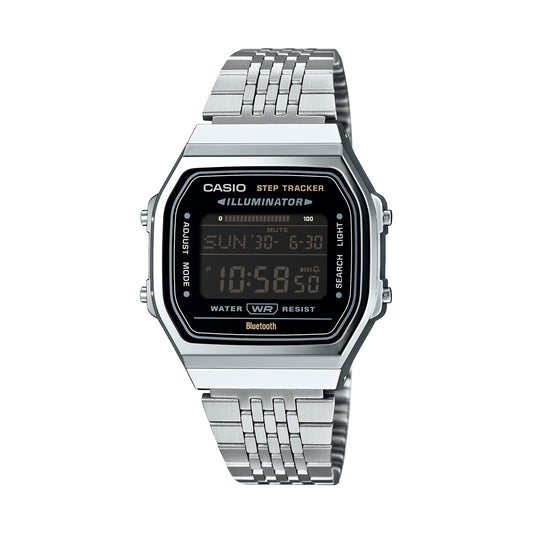 CASIO VINTAGE Mod. BLUETOOTH SMARTPHONE LINK - STEEL - built-in accelerometer senses body movements + steps counter - ALL BLACK