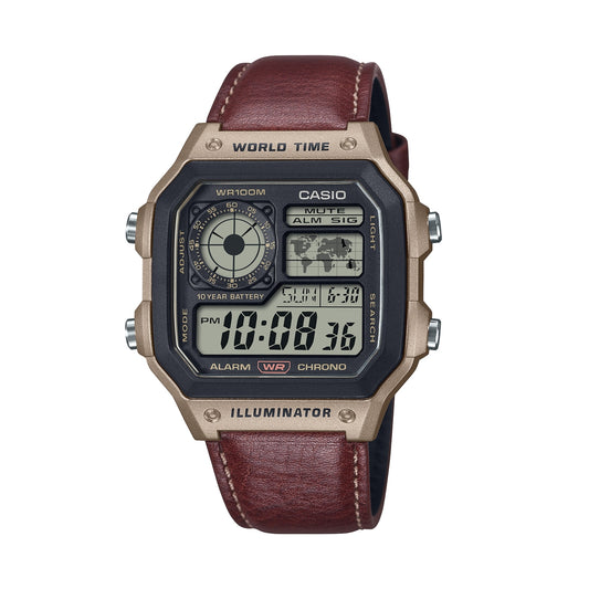 CASIO SPORT Mod. WORLD TIME ILLUMINATOR 5 ALARMS - FUTURE CLASSIC COLLECTION - LEATHER BROWN